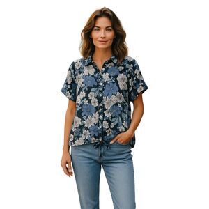 Calligraphie Womens XL Blue White Floral Button Up 100% Linen Boxy